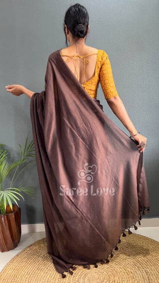 Brown Saree With Yellow Printed Blouse