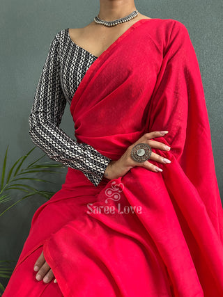 Red Saree With Black Printed Blouse