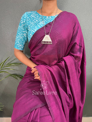 Dark Wine Saree With Blue Printed Blouse