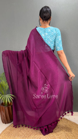 Dark Wine Saree With Blue Printed Blouse