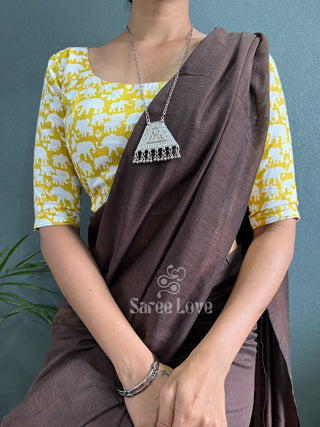 Brown Saree With Elephant Print Blouse