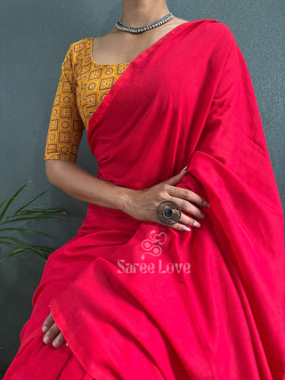 Red Cotton Saree With Yellow Printed Blouse