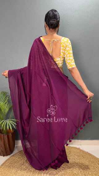 Dark Wine Saree With Yellow Printed Blouse