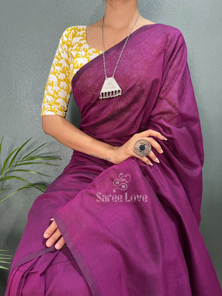 Dark Wine Saree With Yellow Printed Blouse