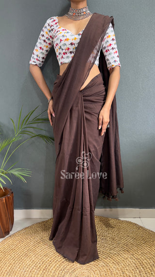 Brown Saree With White Printed Blouse