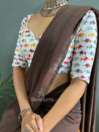 Brown Saree With White Printed Blouse