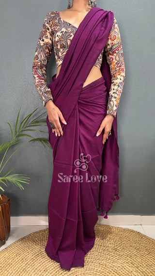 Dark Wine Saree With Printed Blouse