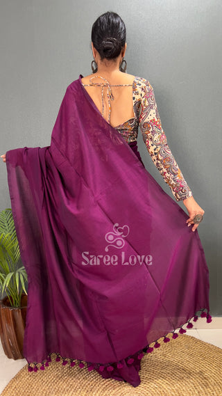 Dark Wine Saree With Printed Blouse