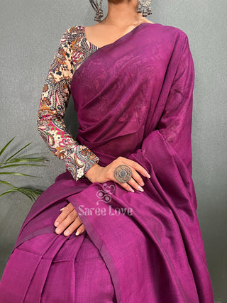 Dark Wine Saree With Printed Blouse