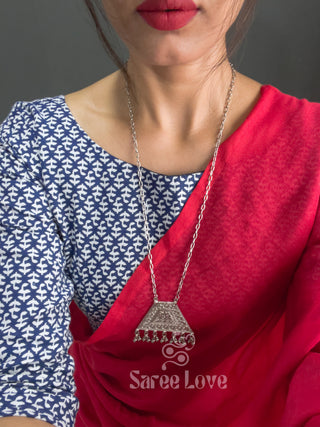 Red Saree With Blue Printed Blouse