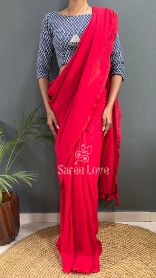 Red Saree With Blue Printed Blouse