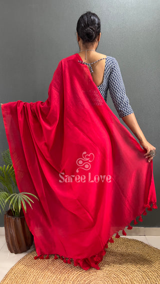 Red Saree With Blue Printed Blouse