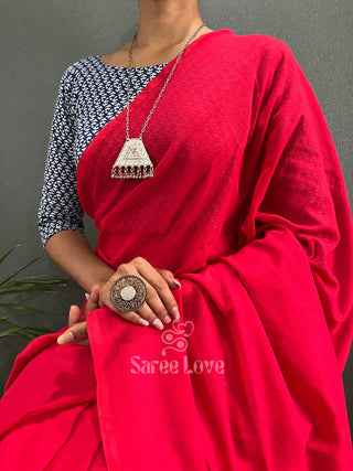 Red Saree With Blue Printed Blouse