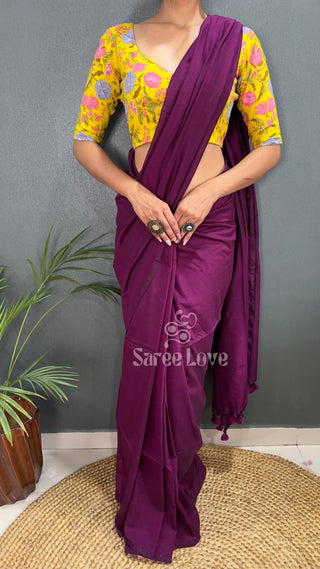 Wine Saree With Yellow Floral Print Blouse