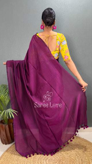 Wine Saree With Yellow Floral Print Blouse