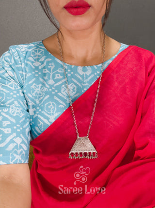 Red Cotton Saree With Sky Blue Blouse