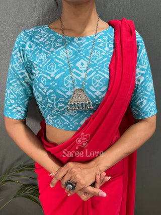 Red Cotton Saree With Sky Blue Blouse