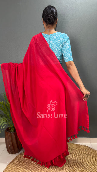 Red Cotton Saree With Sky Blue Blouse