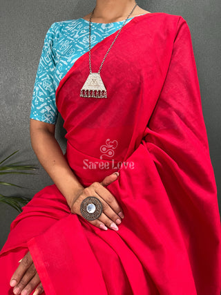 Red Cotton Saree With Sky Blue Blouse