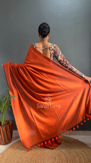 Orange Cotton Saree With Abstract Print Blouse