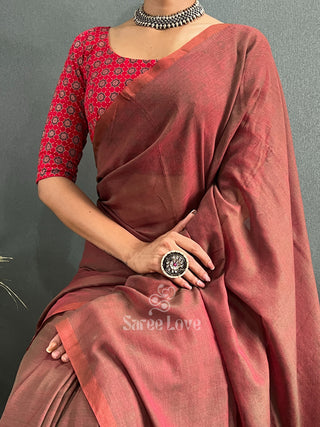 Brown Dual Tone Saree With Red Blouse