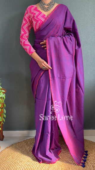 Purple Cotton Saree With Pink Abstract Print Blouse