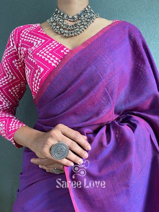 Purple Cotton Saree With Pink Abstract Print Blouse