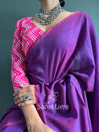 Purple Cotton Saree With Pink Abstract Print Blouse