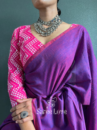 Purple Cotton Saree With Pink Abstract Print Blouse