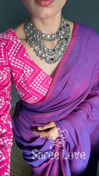 Purple Cotton Saree With Pink Abstract Print Blouse