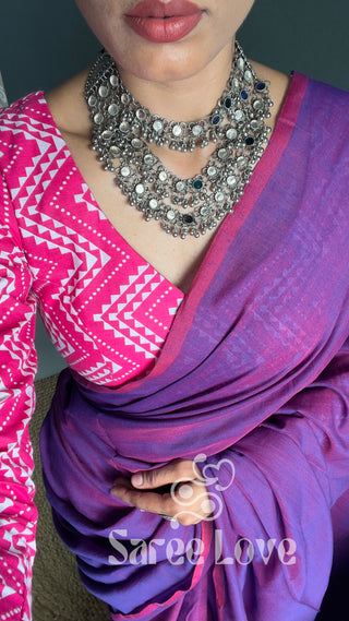 Purple Cotton Saree With Pink Abstract Print Blouse