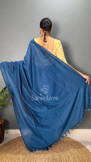 Blue Saree With Yellow Printed Blouse