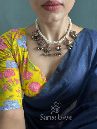 Blue Saree With Floral Print Blouse