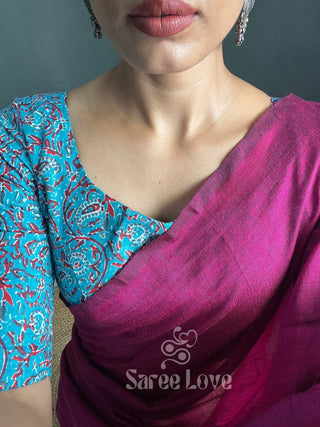 Dark Pink Saree With Blue Printed Blouse