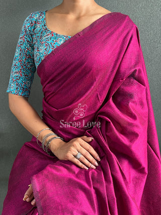 Dark Pink Saree With Blue Printed Blouse