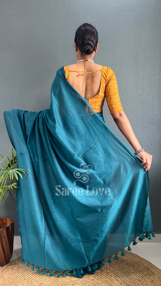 Rama Saree With Yellow Printed Blouse