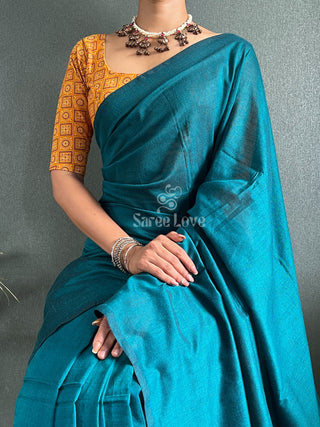 Rama Saree With Yellow Printed Blouse