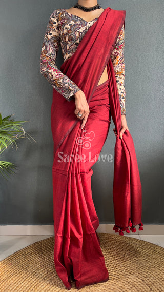 Light Marun Saree With Cream Printed Blouse