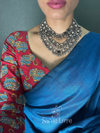 Blue Saree With Elephant Print Blouse