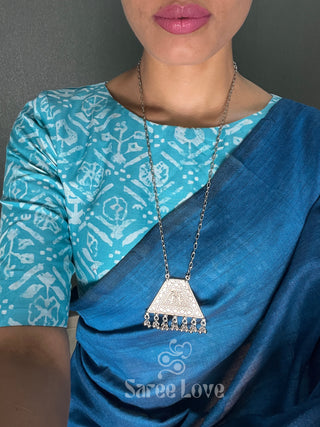 Firoji Saree With Blue Printed Blouse