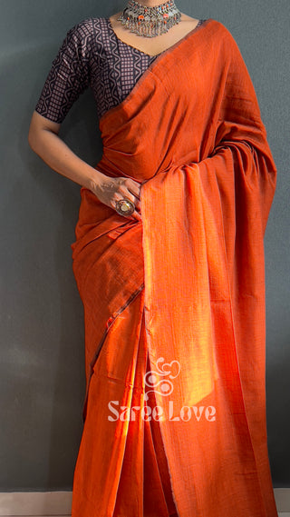 Orange Cotton Saree With Black Abstract Print Blouse