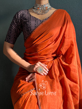 Orange Cotton Saree With Black Abstract Print Blouse