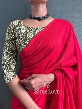 Red Cotton Saree With Abstract Print Blouse