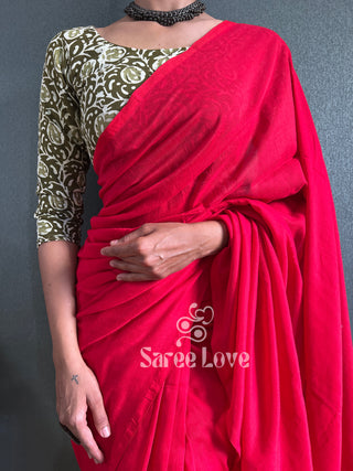 Red Cotton Saree With Abstract Print Blouse