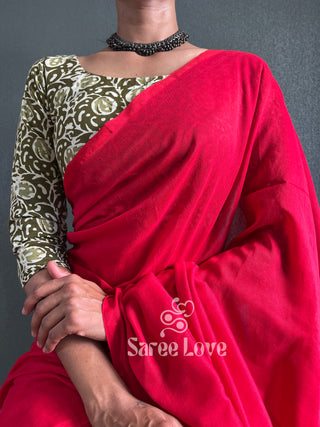 Red Cotton Saree With Abstract Print Blouse