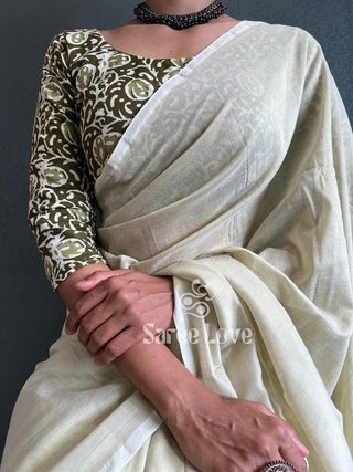 White Cotton Saree With Green Abstract Print Blouse