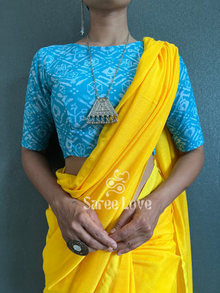 Yellow Cotton Saree With Blue Printed Blouse