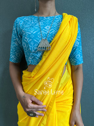 Yellow Cotton Saree With Blue Printed Blouse