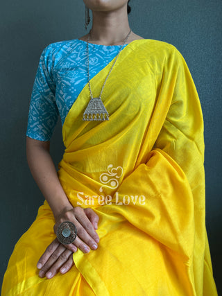 Yellow Cotton Saree With Blue Printed Blouse