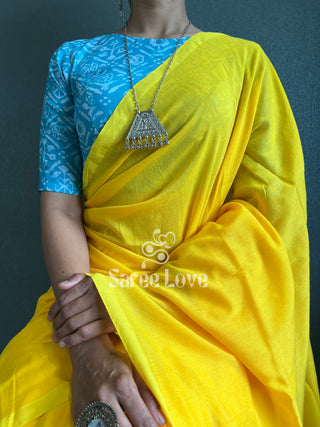 Yellow Cotton Saree With Blue Printed Blouse